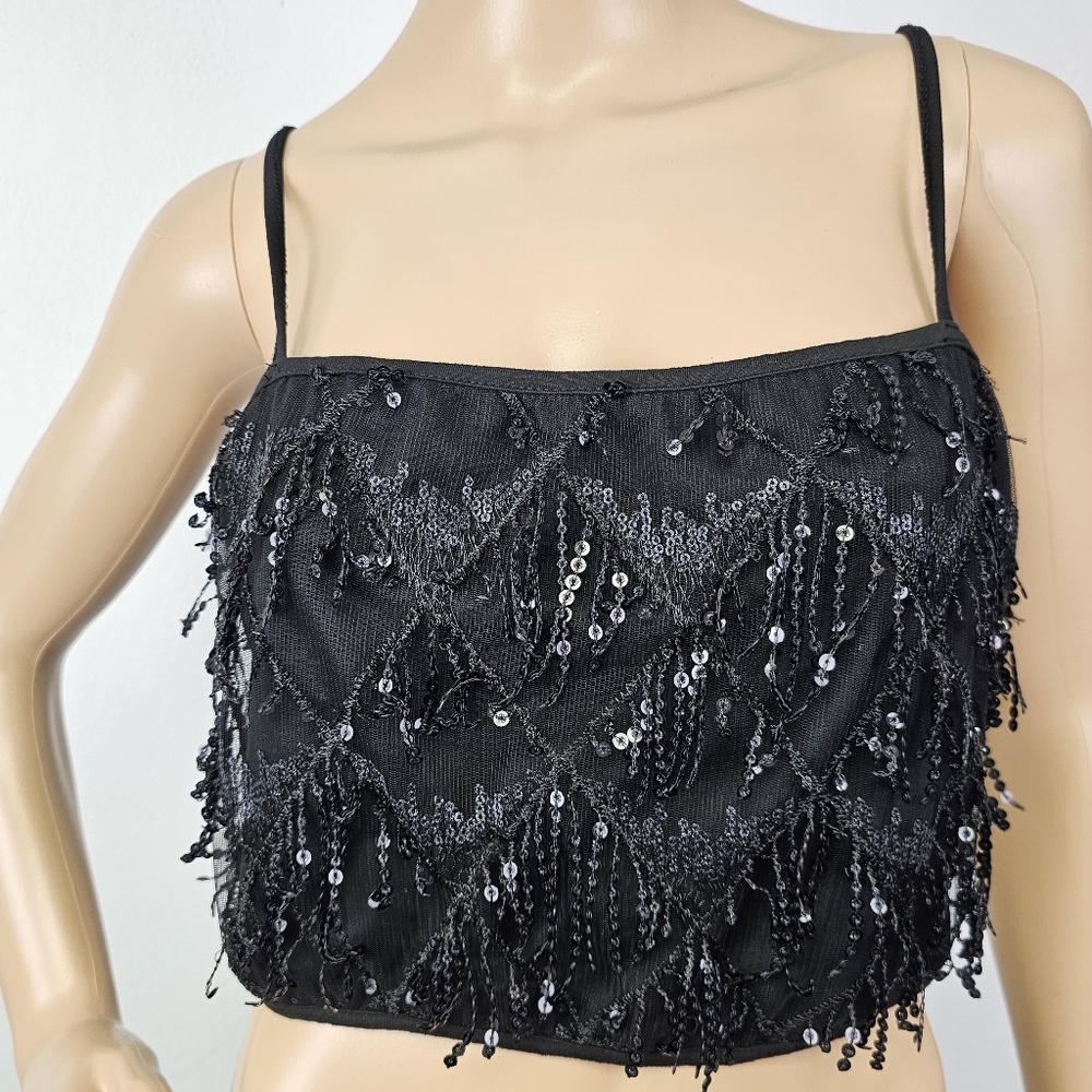 Shein Whimsigoth Knit Cropped  Top Dark Romantic Fringe Sequins Sz Large